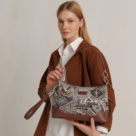 Women’s Geometric Pattern Tapestry Fabric Sling Shoulder Bag, Satchel Purse - Picture 2 of 8